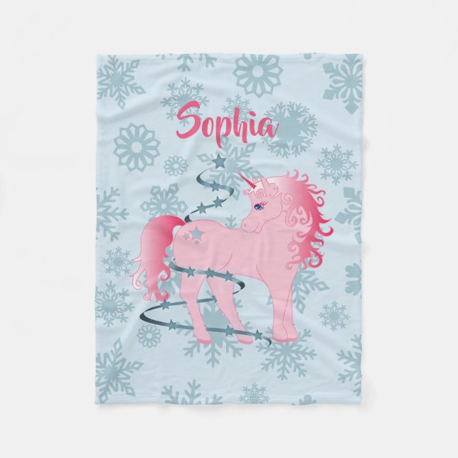 Christmas Custom Unicorn Pink Girl  Snowflake Fleece Blanket (Front)