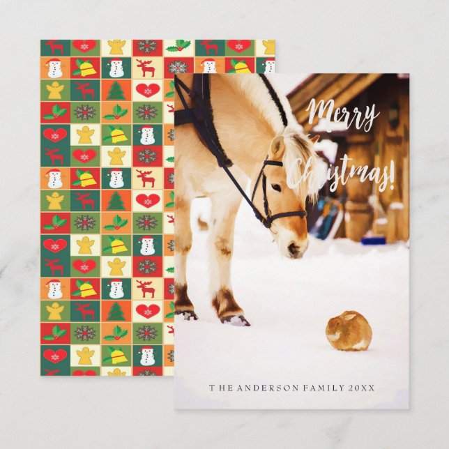 Christmas cute animals snow horse farm country invitation (Front/Back)