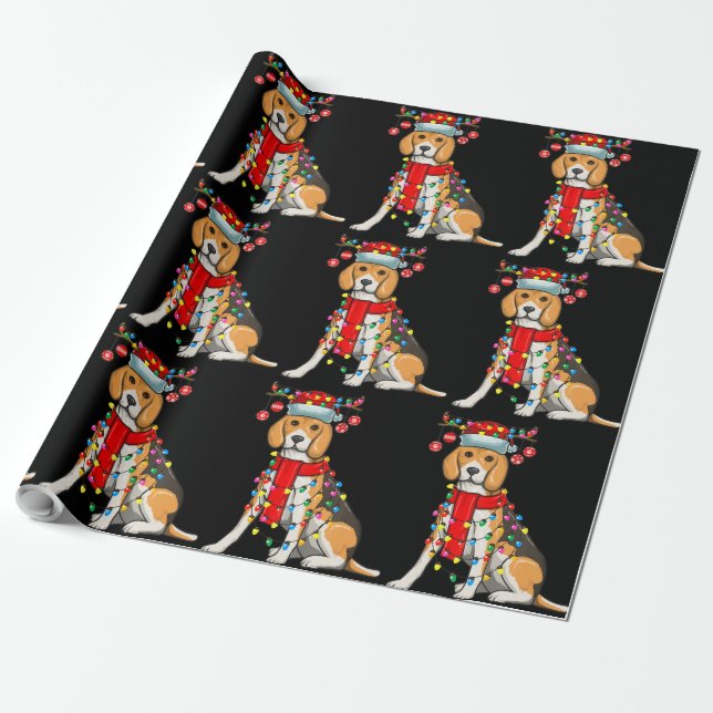 Christmas Cute Beagle Dog Holiday Lights Gift Wrapping Paper (Unrolled)