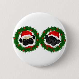 Christmas Cute Black Pug and Fawn Pug Santa 6 Cm Round Badge