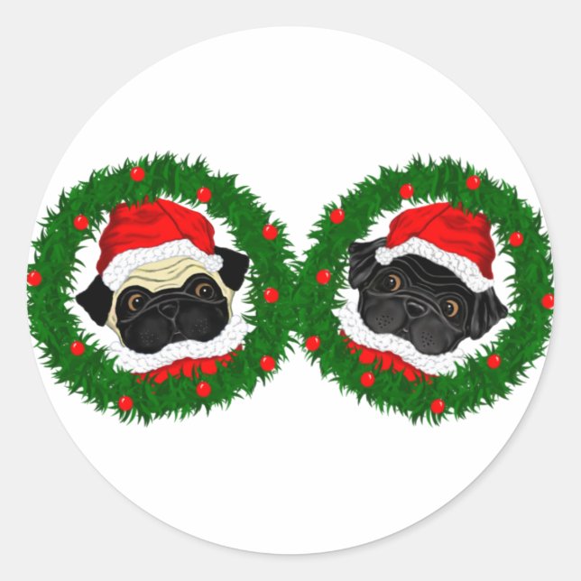 Christmas Cute Black Pug and Fawn Pug Santa Classic Round Sticker (Front)