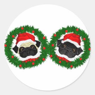 Christmas Cute Black Pug and Fawn Pug Santa Classic Round Sticker