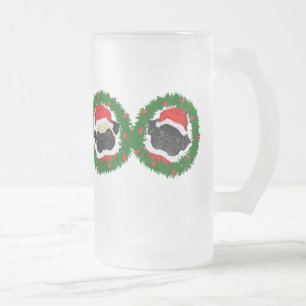 Christmas Cute Black Pug and Fawn Pug Santa Frosted Glass Beer Mug