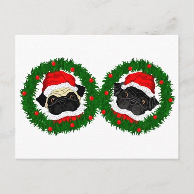 Christmas Cute Black Pug and Fawn Pug Santa Holiday Postcard (Front)