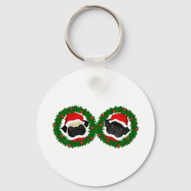 Christmas Cute Black Pug and Fawn Pug Santa Key Ring (Front)