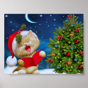 Christmas Cute Carol Kitten Santa Hat Tree Holiday Poster