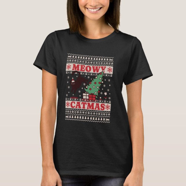 Christmas Cute Cat Jumping From Tree Xmas Meowy Ca T-Shirt (Front)