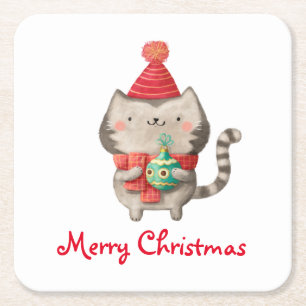 Christmas Cute Cat Square Paper Coaster