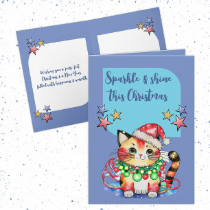 Christmas cute cat stars blue holiday card