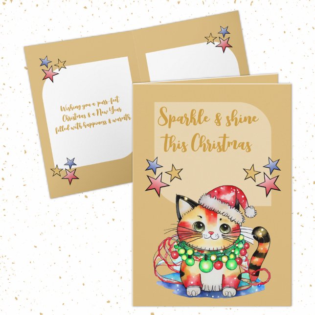 Christmas cute cat stars gold holiday card (Creator Uploaded)