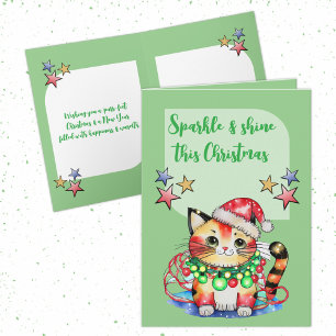 Christmas cute cat stars green holiday card