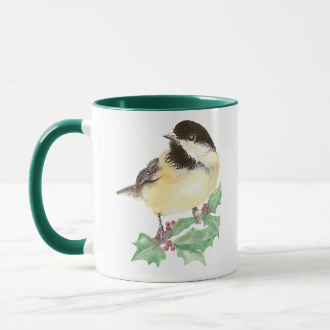 Christmas Cute Chickadee, Bird, Holly Wildlife Mug (Left)