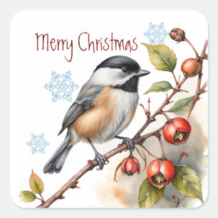 Christmas Cute Chickadee Bird Wildlife Nature Art Square Sticker