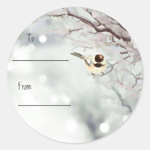Christmas Cute Chickadee Snow Trees Classic Round Sticker