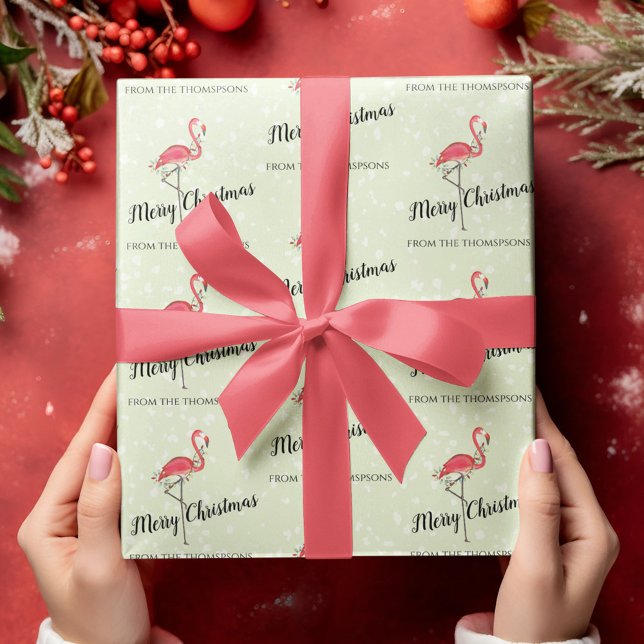 Christmas Cute Colourful Pink Flamingo Custom  Wrapping Paper (Christmas holiday pink flamingo Merry Christmas custom wrapping paper)