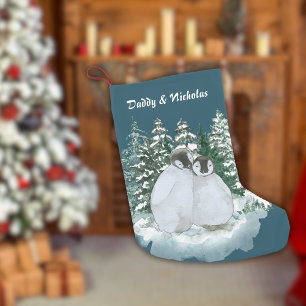 Christmas Cute Daddy & Child Penguin Snow Forest Small Christmas Stocking