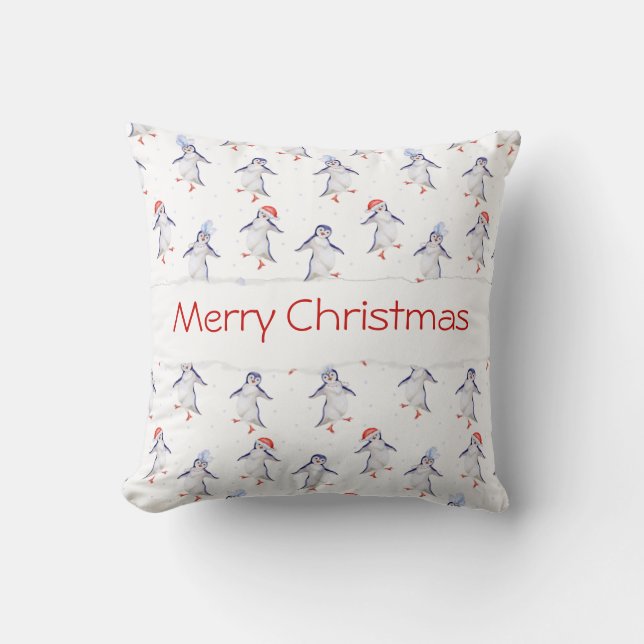 Christmas Cute Dancing Penguins Pattern Cushion (Front)