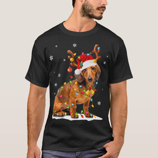 Christmas  Cute Dashund With Christmas Lights T-Shirt (Front)