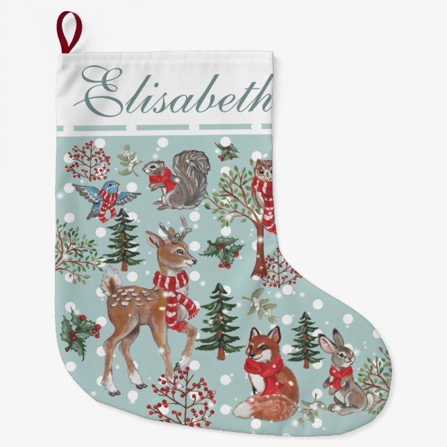 Christmas Cute Deer Show Woodland Animals Large Christmas Stocking (Front)