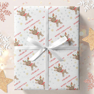 Christmas Cute Deer Snowflakes Personalised Name Wrapping Paper