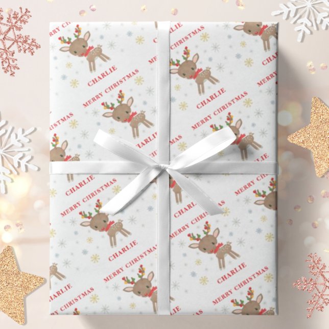 Christmas Cute Deer Snowflakes Personalised Name Wrapping Paper (Creator Uploaded)