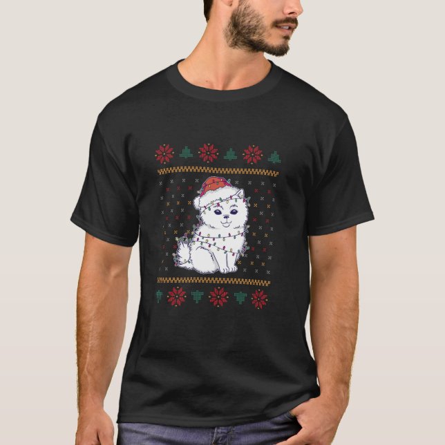 Christmas Cute Dog with Christmas Hat Fairy Lights T-Shirt (Front)