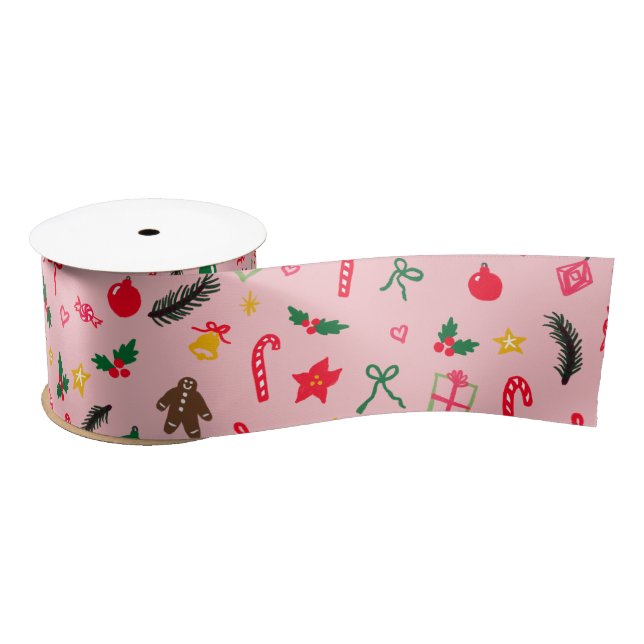 CHRISTMAS Cute Doodle Whimsical CUSTOM Holiday Satin Ribbon (Spool)