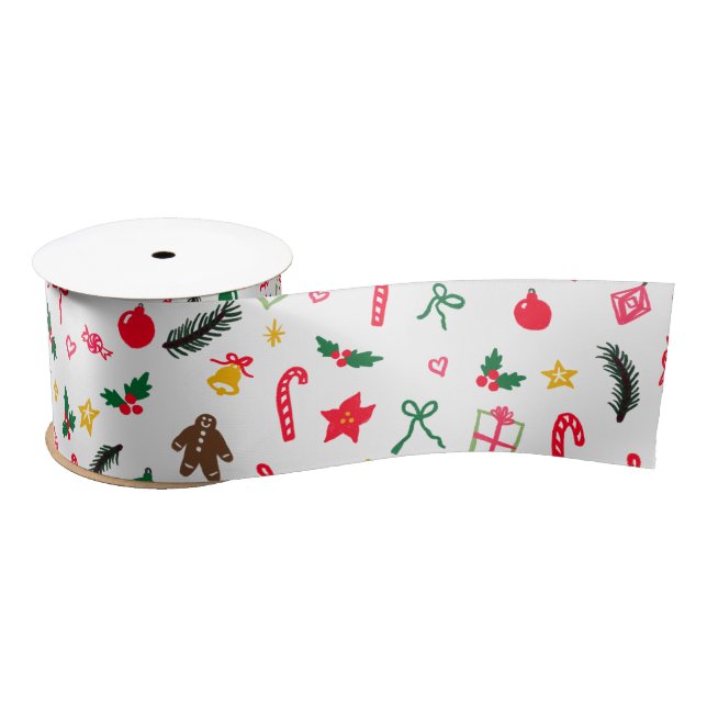 CHRISTMAS Cute Doodle Whimsical CUSTOM Holiday Satin Ribbon (Spool)