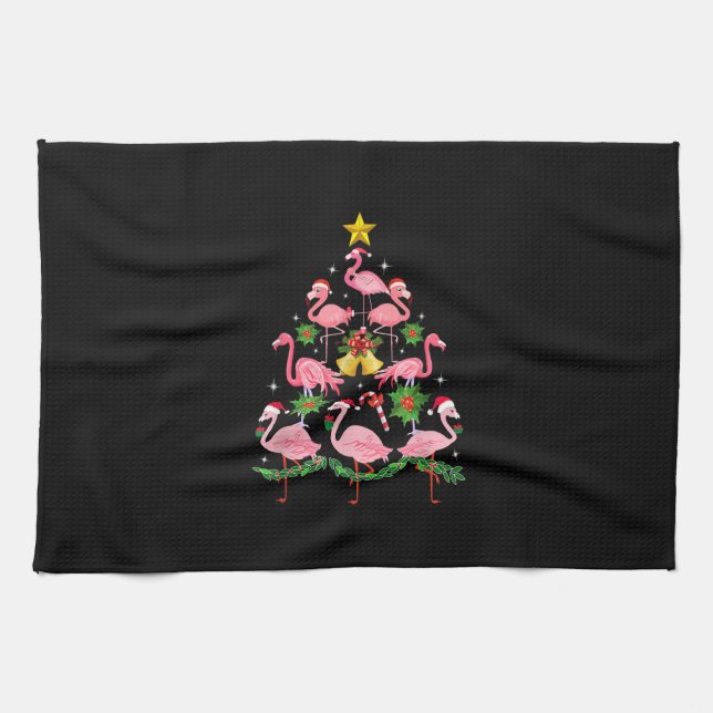 Christmas - Cute Flamingo Christmas Tree Tea Towel (Horizontal)