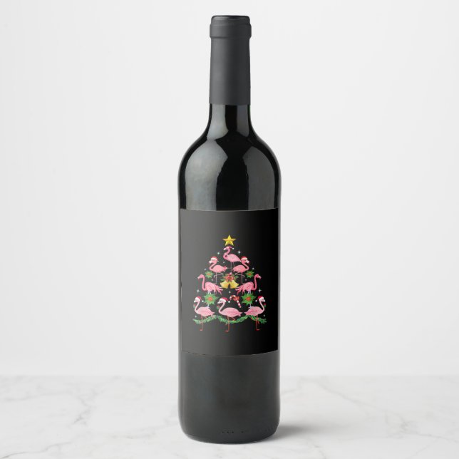 Christmas - Cute Flamingo Christmas Tree Wine Label (Front)