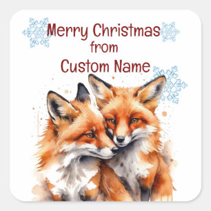 Christmas Cute Foxes Couple Animal Customise  Square Sticker