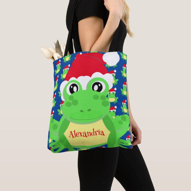 Christmas Cute Frog Santa Hat Blue Novelty Tote Bag (Close Up)