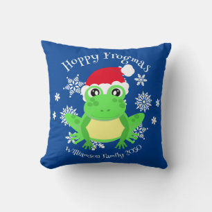 Christmas Cute Frog Santa Hat Novelty Blue Cushion