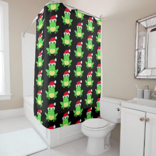 Christmas Cute Frog Santa Hat Pattern Black Shower Curtain
