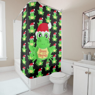 Christmas Cute Frog Santa Hat Pattern Black Shower Curtain