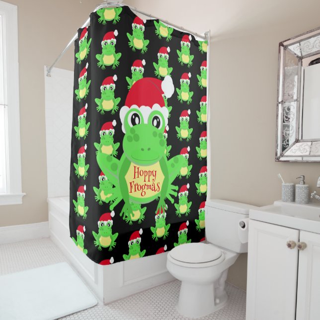Christmas Cute Frog Santa Hat Pattern Black Shower Curtain (In Situ)