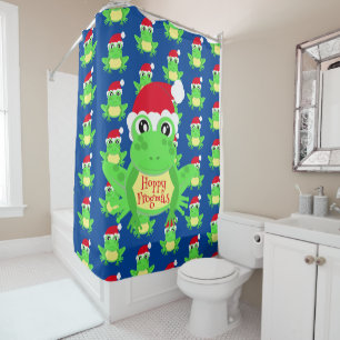 Christmas Cute Frog Santa Hat Pattern Blue Shower Curtain