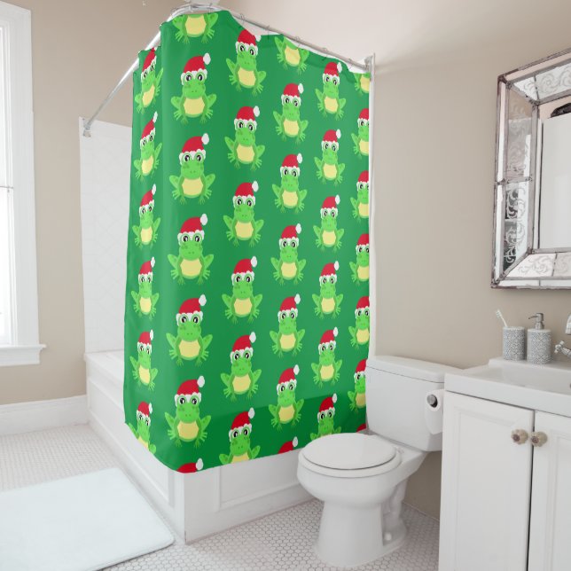 Christmas Cute Frog Santa Hat Pattern Green Shower Curtain (In Situ)