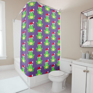 Christmas Cute Frog Santa Hat Pattern Purple Shower Curtain