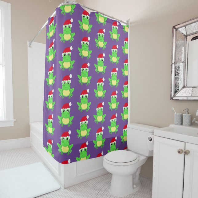 Christmas Cute Frog Santa Hat Pattern Purple Shower Curtain (In Situ)