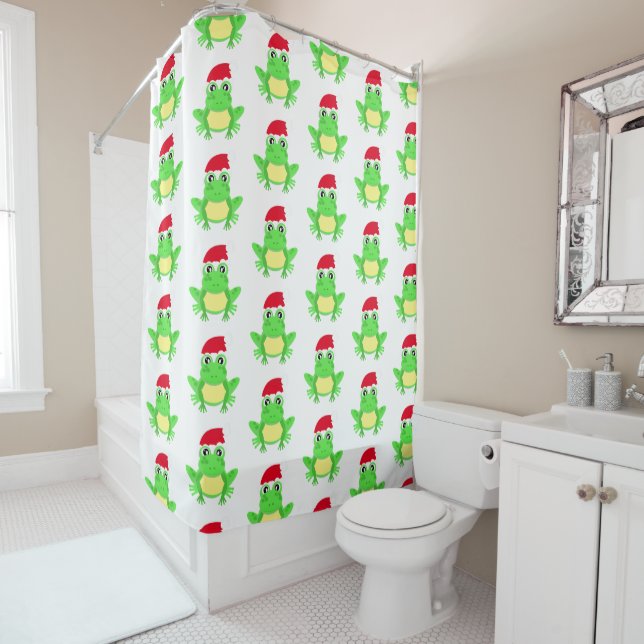 Christmas Cute Frog Santa Hat Pattern White Shower Curtain (In Situ)