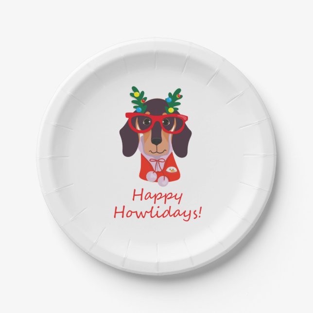 Christmas Cute Funny Dog Dachshund Howlidays Party Paper Plate (Front)