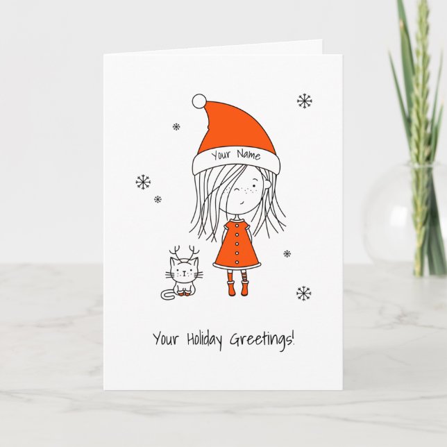 Christmas Cute Funny Santa Girl Cat Cartoon Holiday Card (Front)