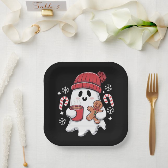 Christmas Cute Ghost Iced Coffee Retro Xmas Coffee Paper Plate (Wedding)