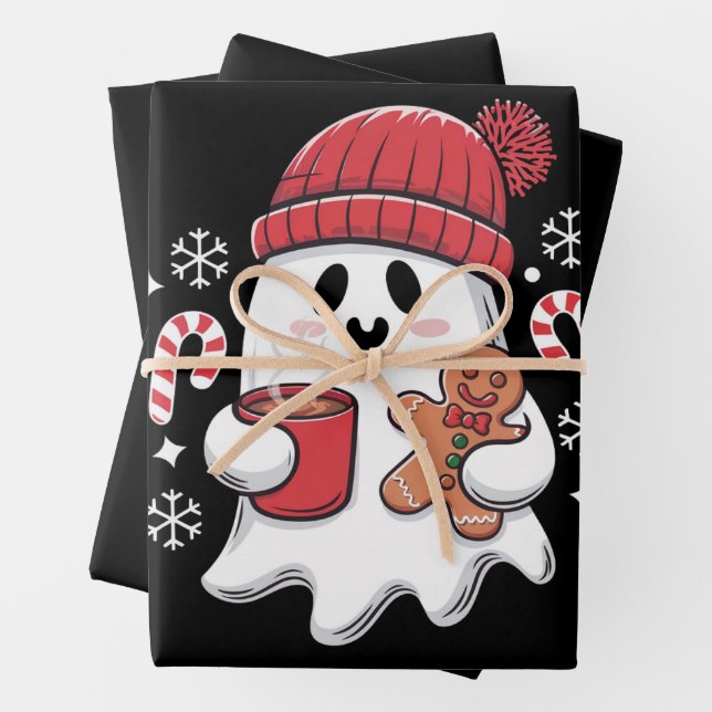 Christmas Cute Ghost Iced Coffee Retro Xmas Coffee Wrapping Paper Sheet (In situ)