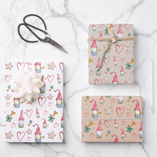 Christmas Cute Gnomes In Love Wrapping Paper Sheet (Front)