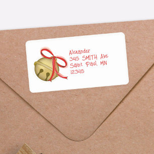 Christmas Cute Gold Jingle Bells Red Ribbon Label