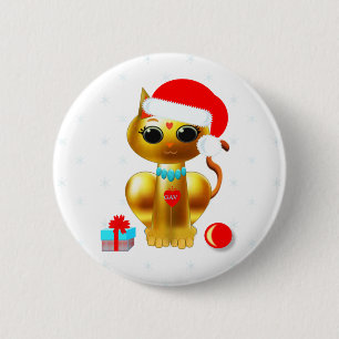 Christmas cute golden kitty cat cartoon 6 cm round badge