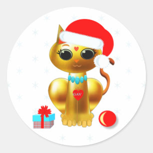 Christmas cute golden kitty cat cartoon classic round sticker