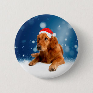 Christmas Cute Golden Retriever Dog Santa Hat Snow 6 Cm Round Badge